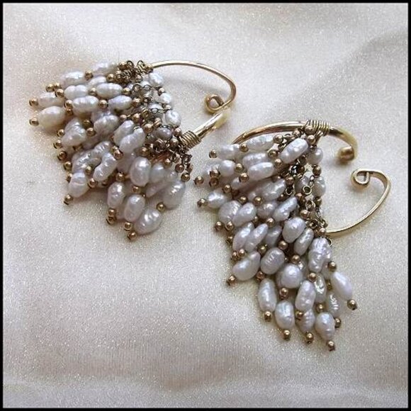 Freshwater Pearl Earrings 14kt Gold Ear Hoop Clusters Designer Jewelry 15429 - Picture 4 of 6